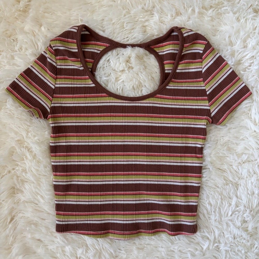 SO Ribbed Knit Striped Crop Top Brown Green Pink Back Cutout XS